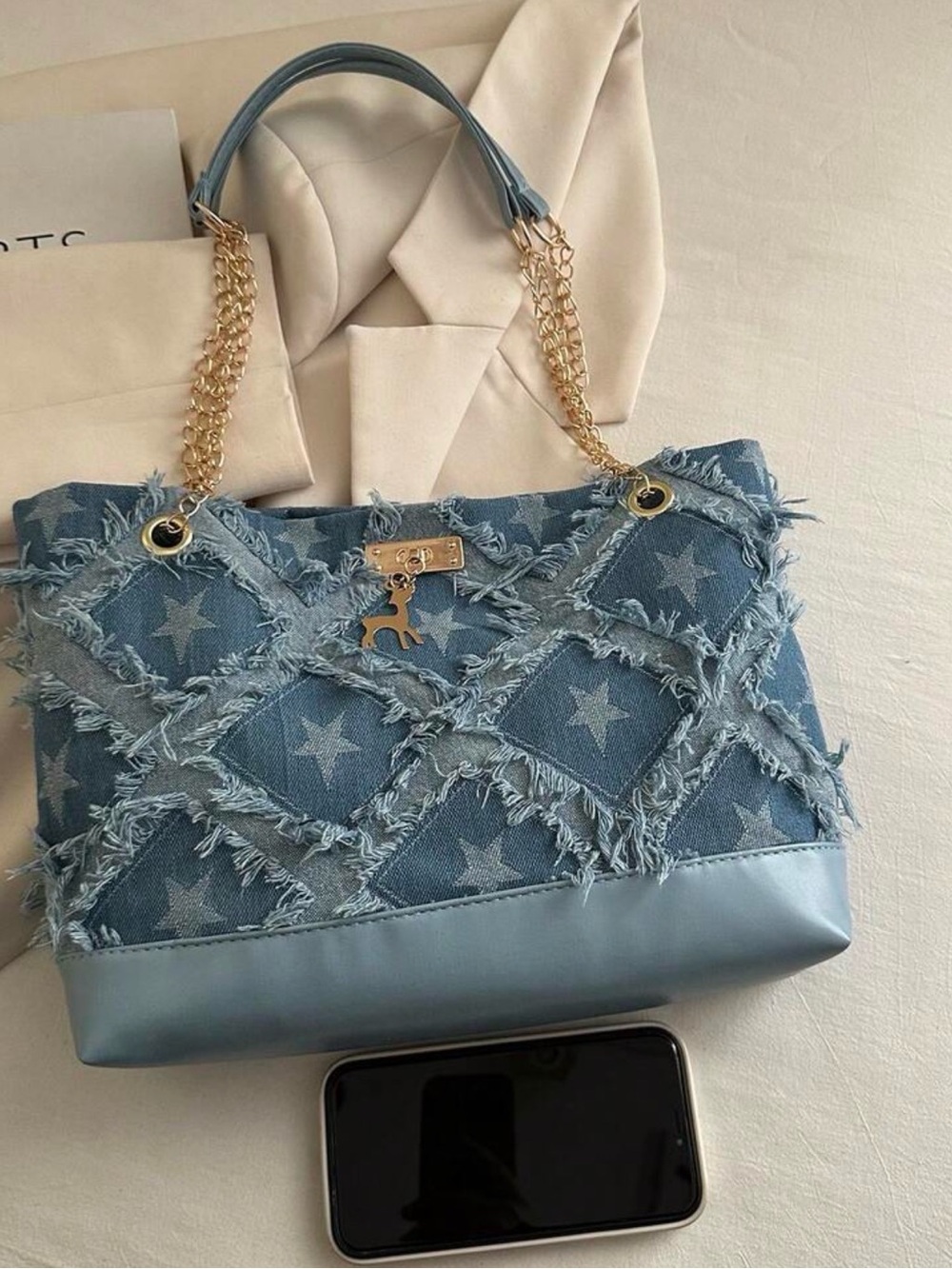 Star-Pattern Frayed Denim Tote - Light Blue - Picture 3 of 5